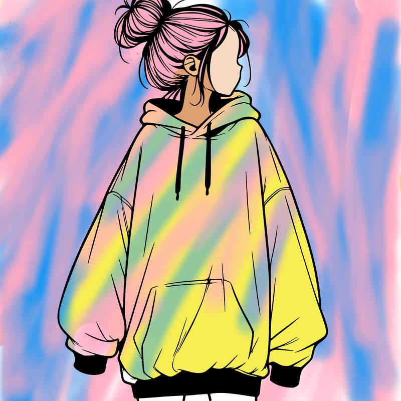 realistic girl with a oversized sweatshirt on and a bun