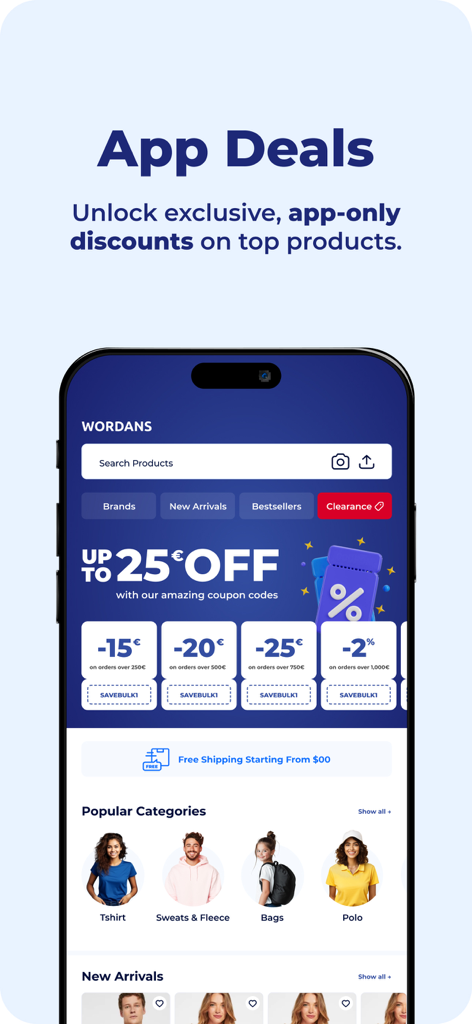 Wordans 앱 홈 화면에 티셔츠 및 후드티와 같은 상품 카테고리 및 앱 전용 특별 할인 표시