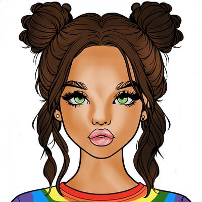 realistic girl with two buns in hair and lips