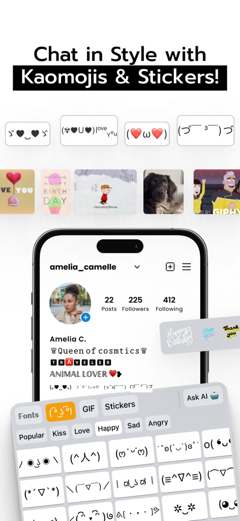 Fonts AI - Un teléfono móvil mostrando un teclado personalizado con kaomojis y pegatinas utilizados para estilizar una biografía de Instagram.