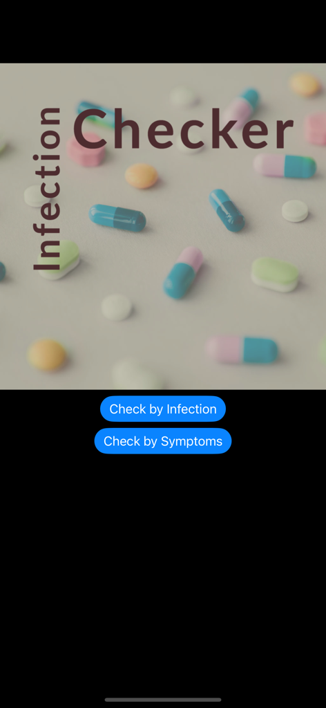 Infection Checker - Infection Checker app home screen with check by infection and check by symptoms buttons