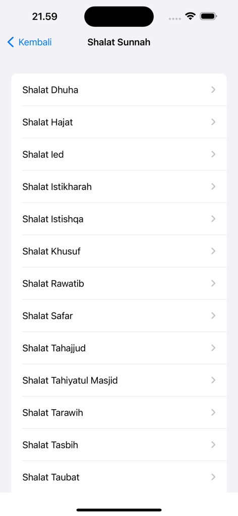Tuntunan Shalat Lengkap - A list of various Sunnah prayer options within the Tuntunan Shalat Lengkap app menu.