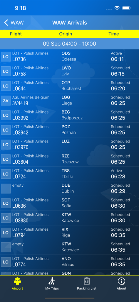 Warsaw Chopin Airport live arrivals board showing flight numbers origins and scheduled times