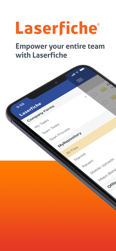 Teléfono inteligente mostrando la interfaz de la aplicación Laserfiche con menús de tareas y repositorio de documentos