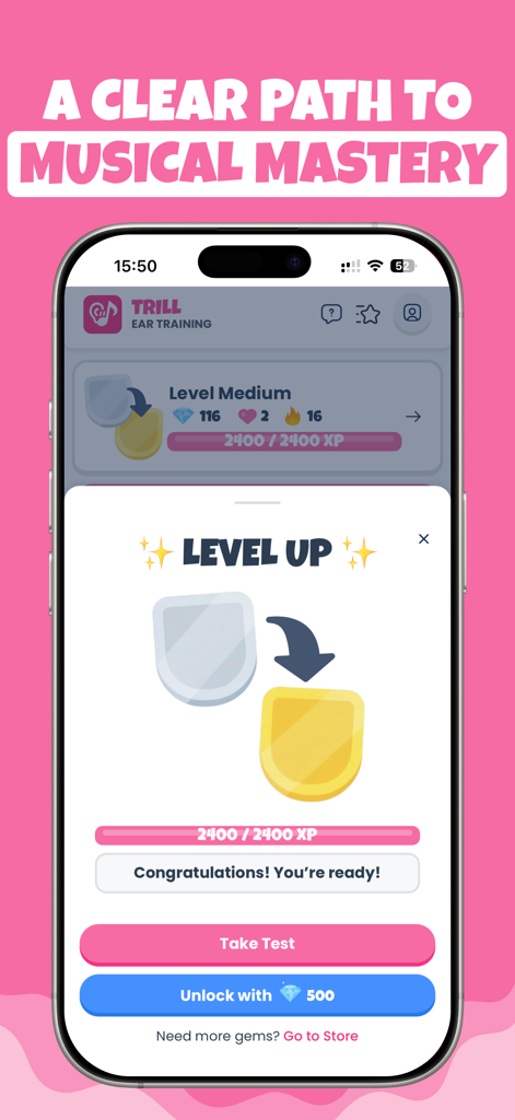 A gamified Level Up notification in the Trill app showing an XP progress bar and rewards.