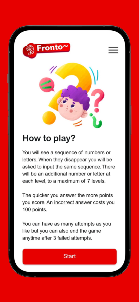 A tela de instruções de como jogar para o aplicativo de jogo de memória Fronto
