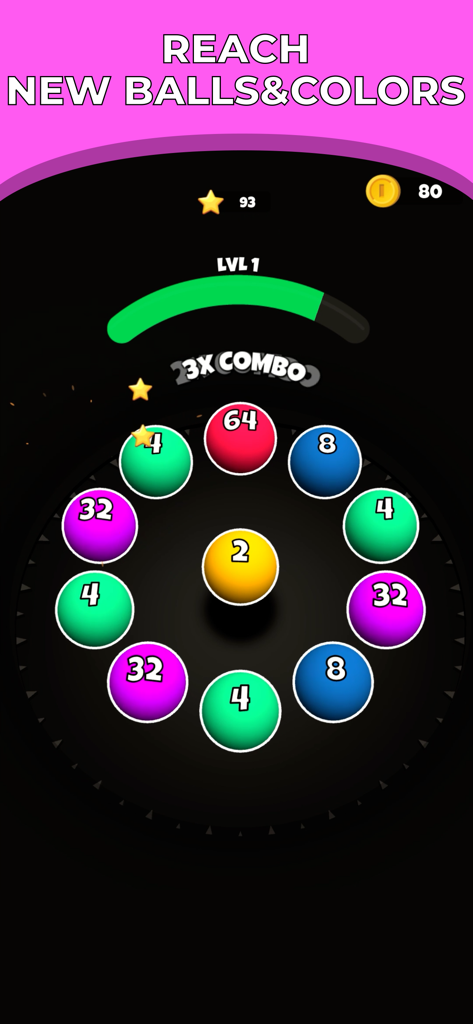 Roll Merge 3D - Number Puzzle - Gameplay of Roll Merge 3D showing colorful numbered balls on a circular board