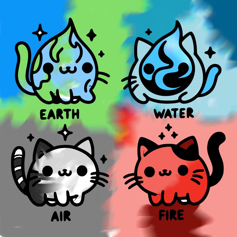 4 cats that represent the different elements, earth, water, air, and fire