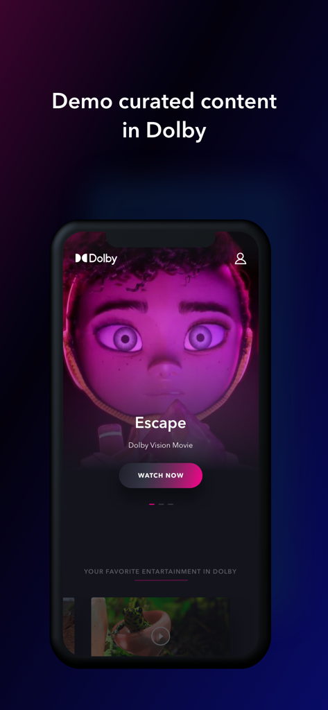 Smartphone screen showing the Dolby XP app interface with a curated Dolby Vision movie demo