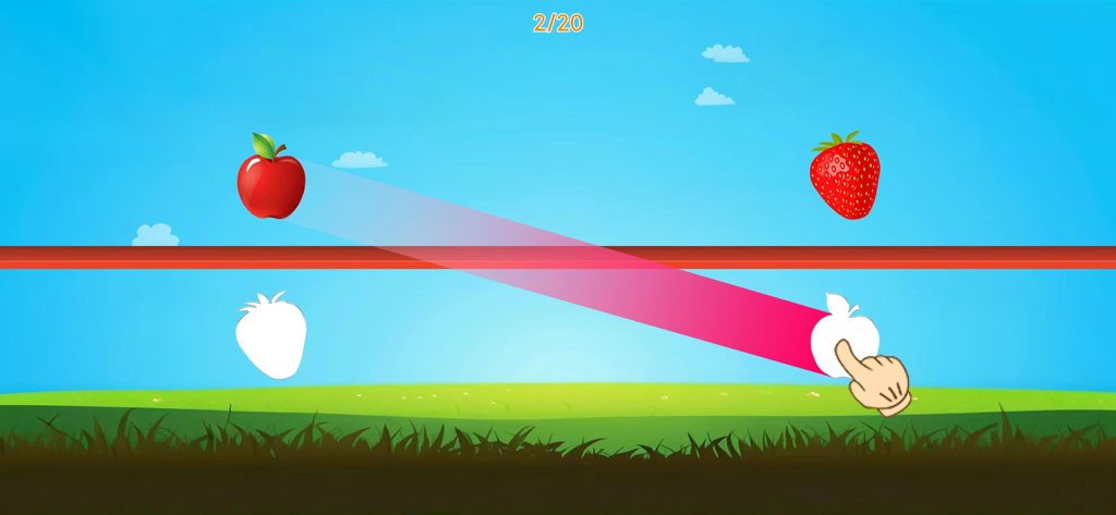 Fun games -Learn with Fun - Oberfläche eines Lernspiels für Kleinkinder, die zeigt, wie ein Apfel zur Silhouettenform gezogen wird, um die Form zu erkennen