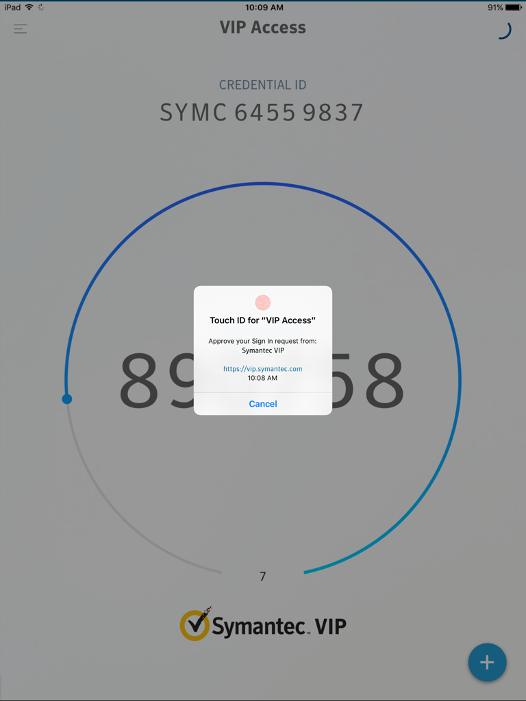 Indicación de autenticación de Touch ID en la interfaz de la aplicación de seguridad VIP Access para iPad.