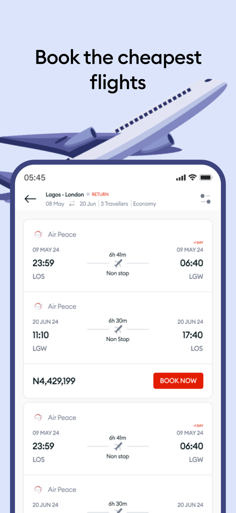 GIG Mobility app screen showing flight search results for travel between Lagos and London