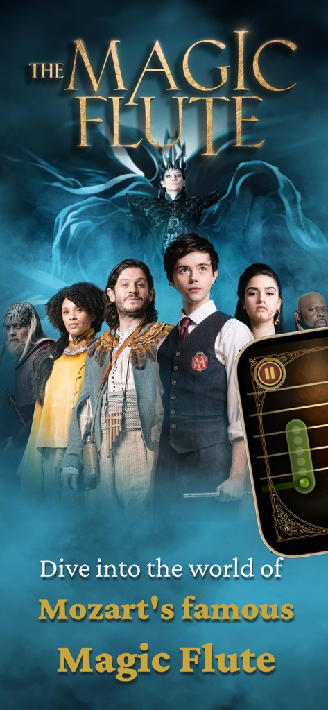 Characters from The Magic Flute movie with a smartphone showing music rhythm gameplay.