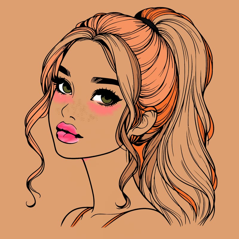 realistic girl with a ponytail on her hair and lips