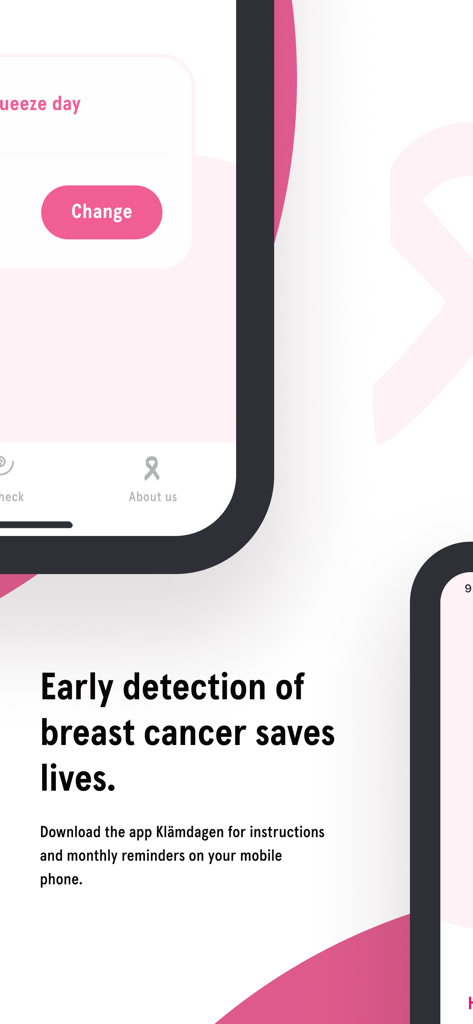 Squeeze Day - Squeeze Day app promotional screen stating that early detection of breast cancer saves lives with monthly reminders