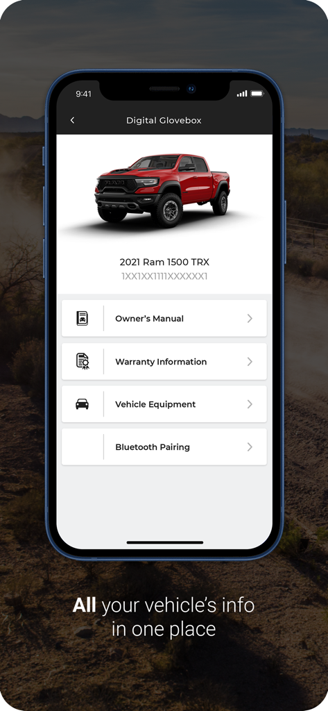 RAM® - Digital Glovebox screen in the RAM app showing owner's manual and vehicle information for a red Ram 1500 TRX truck.