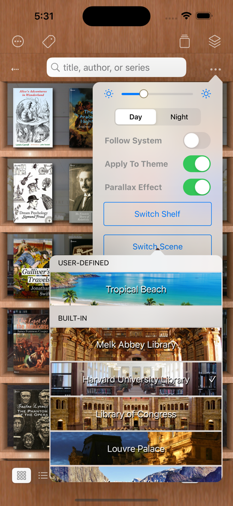 MapleRead CX - MapleRead CX app interface showing a menu to customize the library background with different scene options