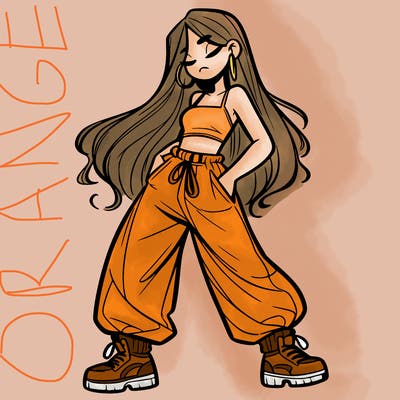 girl in baggy pants crop top and long hair