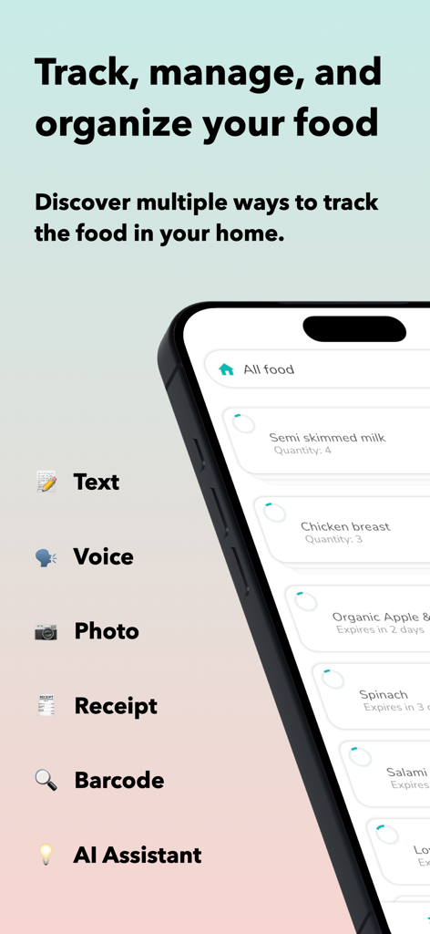 NoWaste: Food Inventory List - A screenshot of the NoWaste app showing various methods to track food inventory including voice photo and barcode scanning