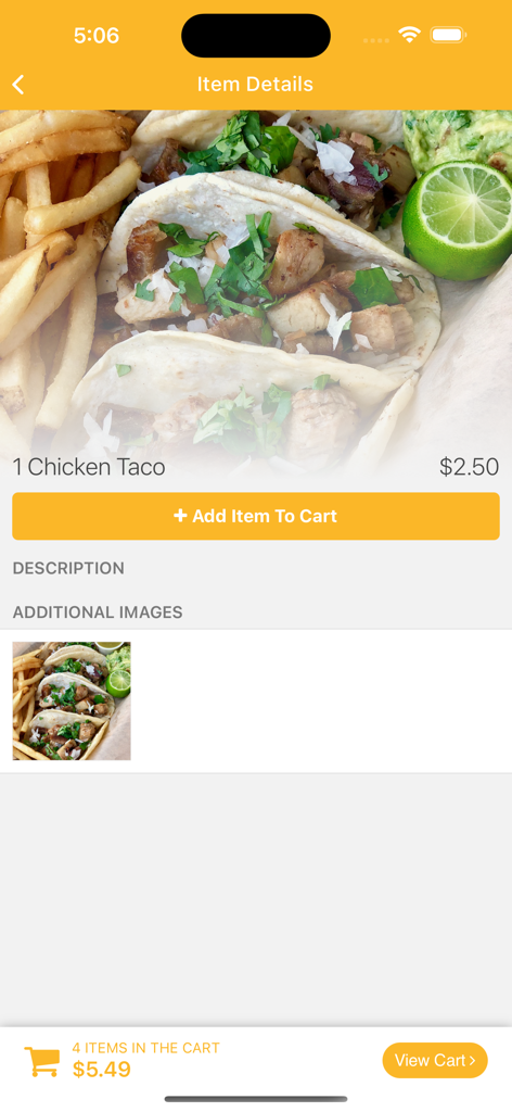 Tortas Paquime - The Tortas Paquime app displaying a chicken taco item detail screen with price and add to cart button.