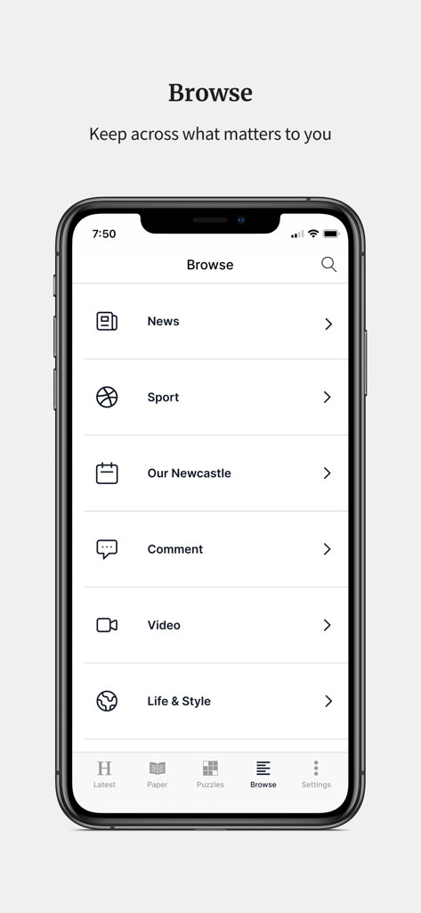 Newcastle Herald - The Browse screen of the Newcastle Herald app displaying news categories like Sport and local interest.