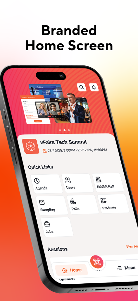 vFairs app interface showing the branded home screen for a tech summit event with quick links for agenda and networking