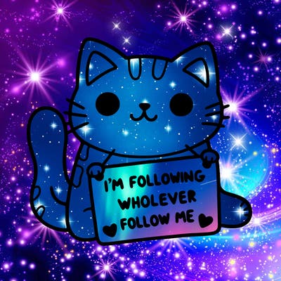cat with a sign that says i’m following whoever follows me