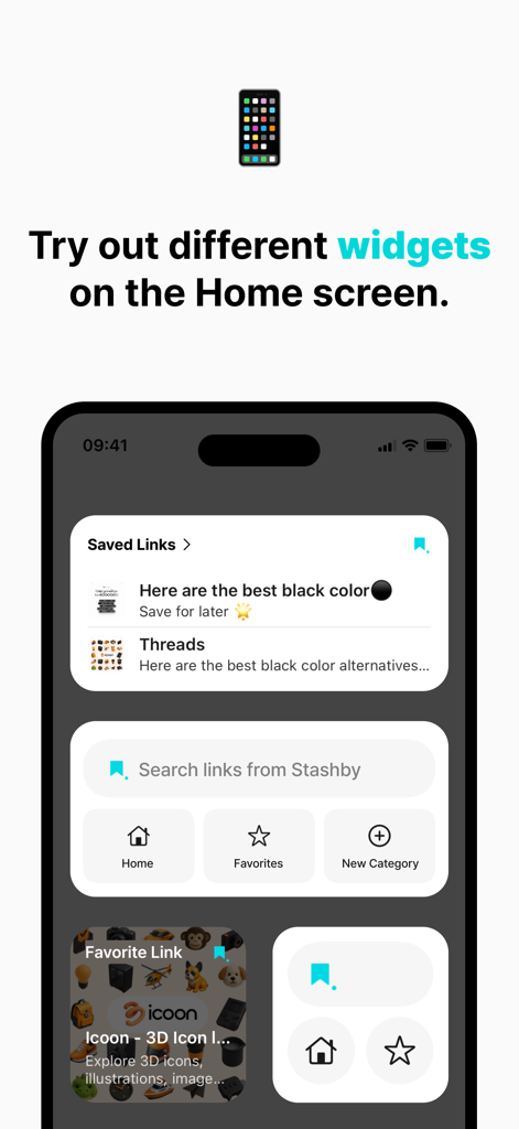 Stashby: Bookmark Manager - Stashby bookmark manager widgets displayed on an iPhone home screen including saved links and search bar