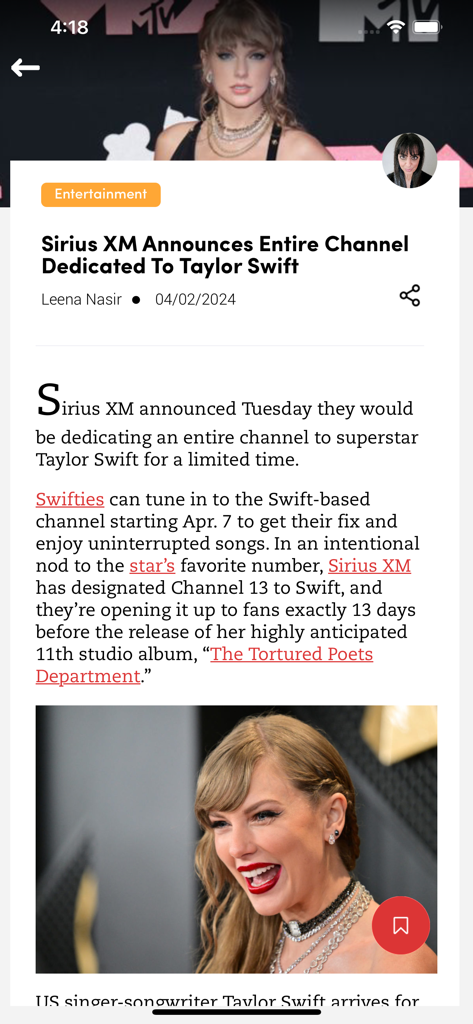 Pantalla de la aplicación Daily Caller mostrando un artículo de noticias de entretenimiento sobre Taylor Swift y Sirius XM