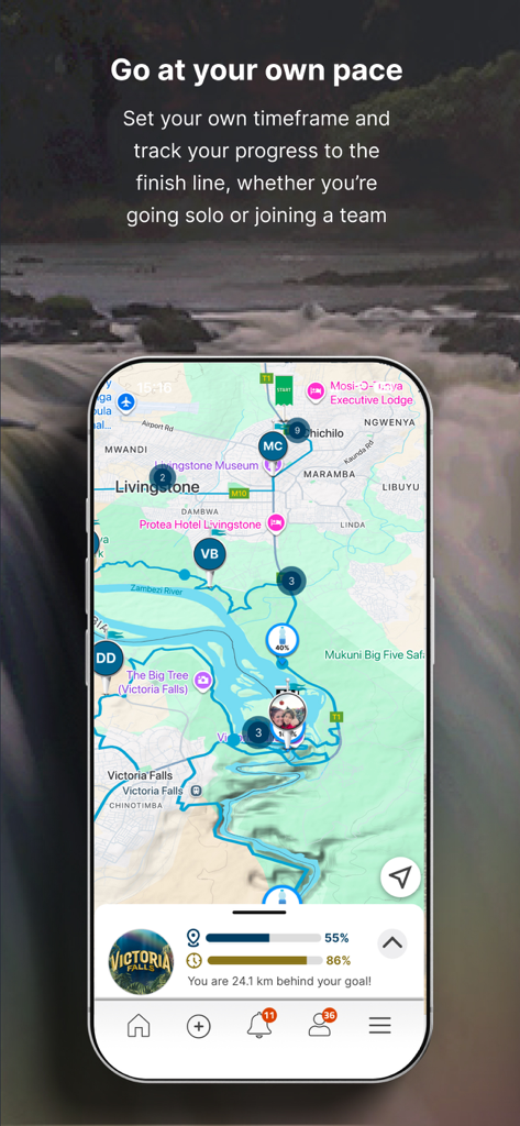 The Conqueror Challenges app interface showing a virtual route map for Victoria Falls with progress tracking bars