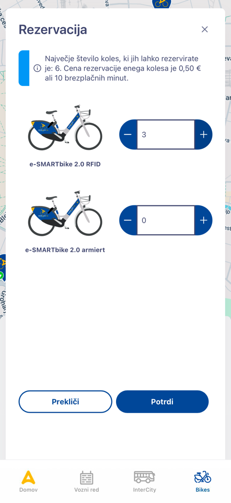 Schermata dell'app Nomago per la prenotazione di biciclette elettriche con selezione della quantità.