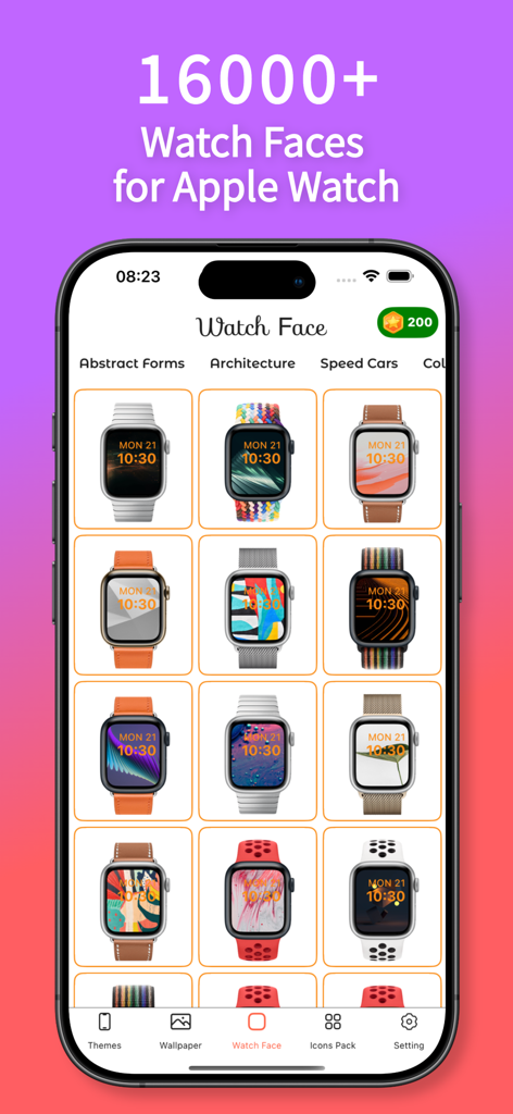 ThemePack - Icons & Wallpaper - A mobile app interface showing a grid of various stylish Apple Watch face designs and matching bands