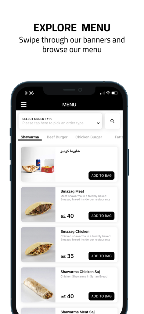 Bmazag | بمزاج - Bmazag mobile app interface showing a menu of meat and chicken shawarma items with add to bag options