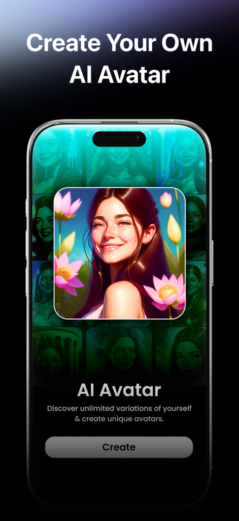Un smartphone affichant l'interface de l'application Wonder pour créer des avatars IA personnalisés.