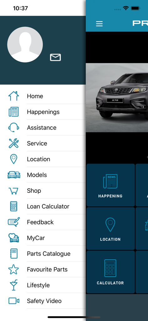 MyProton Official - Mobile app interface for MyProton Official showing the sidebar menu with automotive services and account options