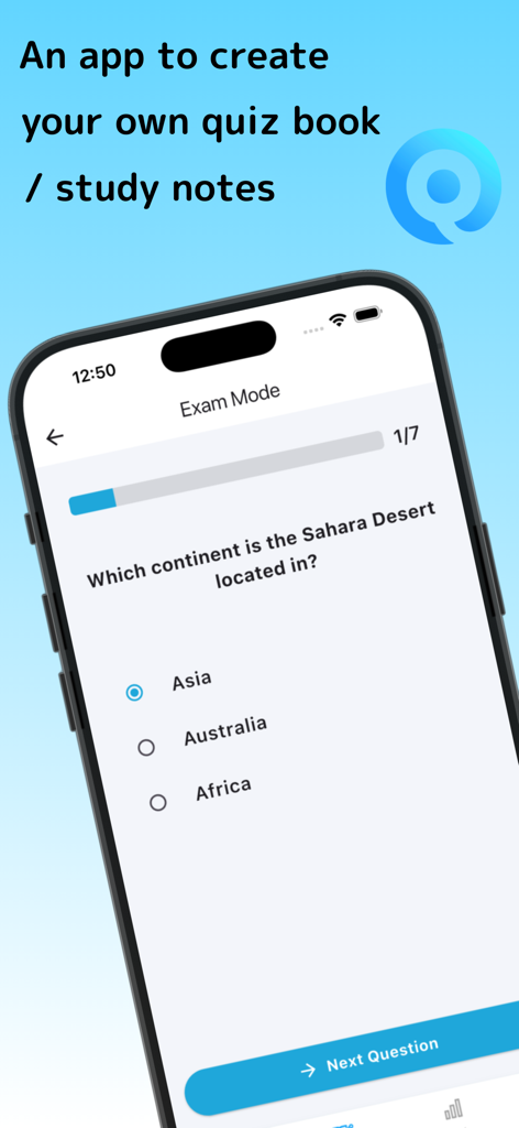 Q Share – Quiz & Sharing App – - A smartphone screen showing the Q Share quiz app in exam mode with a multiple choice question