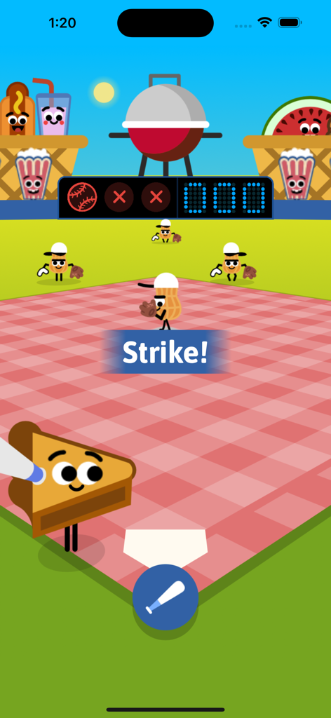 Doodle Baseball Game - A cute doodle baseball game featuring food characters like a peanut pitcher and a pie batter on a picnic blanket field.