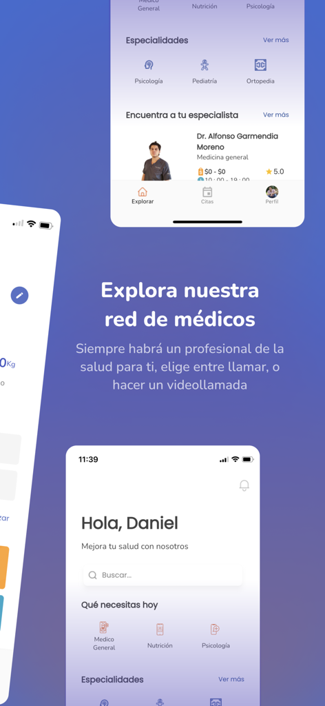 VRIM Connect - VRIM Connect app screens showing medical specialties and doctor profiles in Spanish