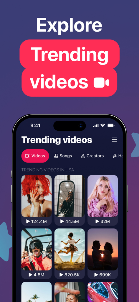 TokTrends 앱 인터페이스, 인기 동영상 및 크리에이터 조회수 표시