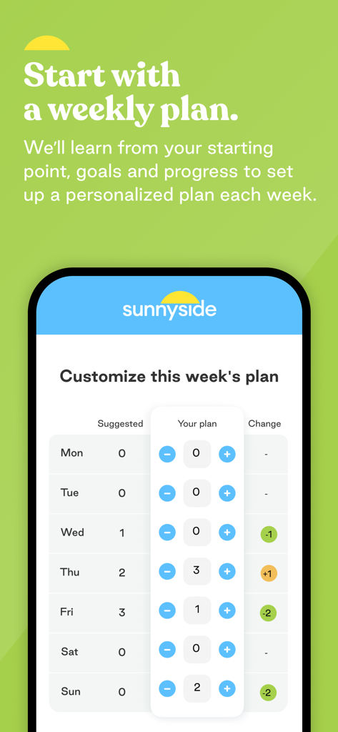 Sunnyside: Drink Less Alcohol - Sunnyside app interface for customizing a weekly alcohol moderation plan by day