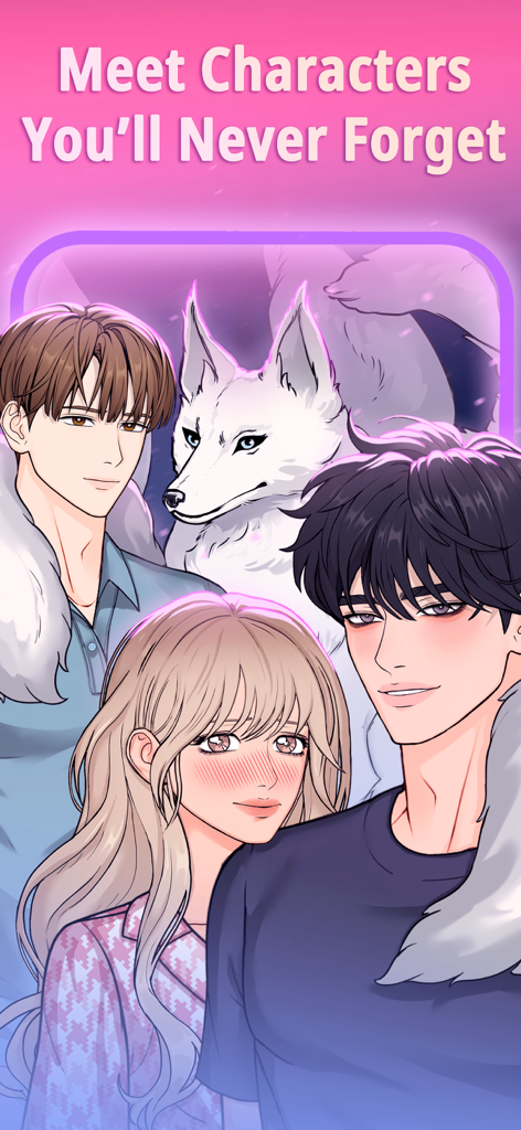Unfolded: Webtoon Stories - Characters from Unfolded Webtoon Stories featuring a blushing girl and a white wolf