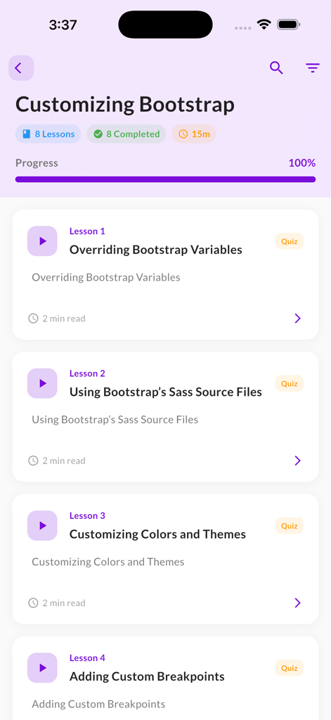 Course screen showing lessons for customizing Bootstrap variables, Sass source files, and themes.