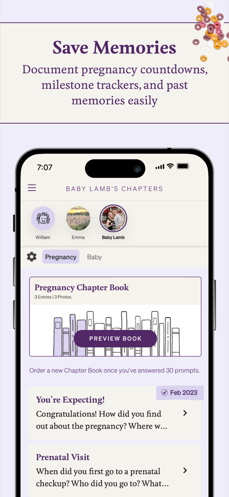 Qeepsake: Journal & Milestones - Qeepsake app interface displaying pregnancy milestones and a digital memory book preview
