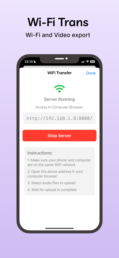 PDF Converter-Local Conversion - Mobile app interface for secure local WiFi file transfer between phone and computer