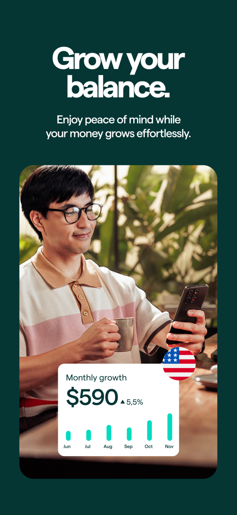 AstroPay - Global Wallet - AstroPay app interface showing monthly account growth with a bar chart and financial statistics