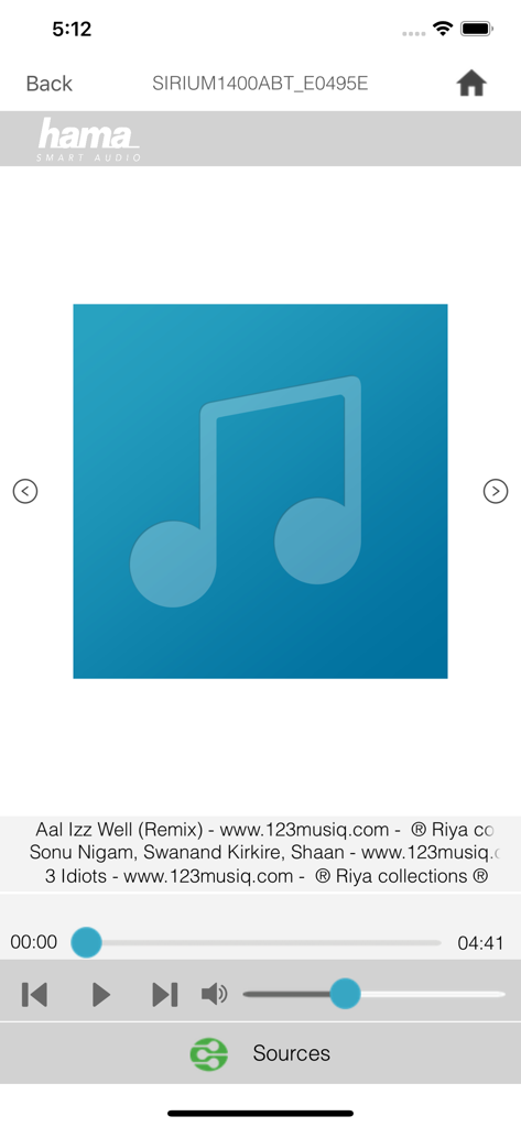 Music playback interface of the Hama Smart Audio app for Sirium speakers