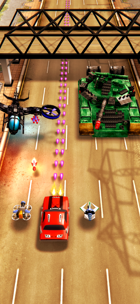 Chaos Road: 3D Car Racing Game - Gameplay of Chaos Road featuring a red racing car battling a giant green tank and helicopter on a highway