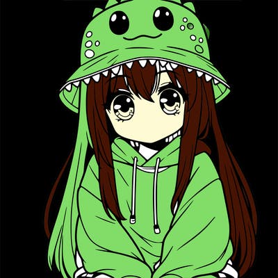 girl with anime shaped eyes with a dinosaur bucket hat oversized sweatshirt long straight hair