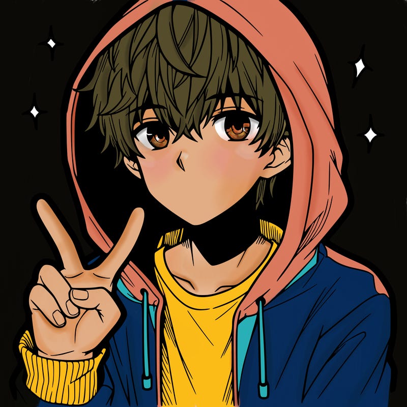 teenage manga boy in a hoodie, doing ✌