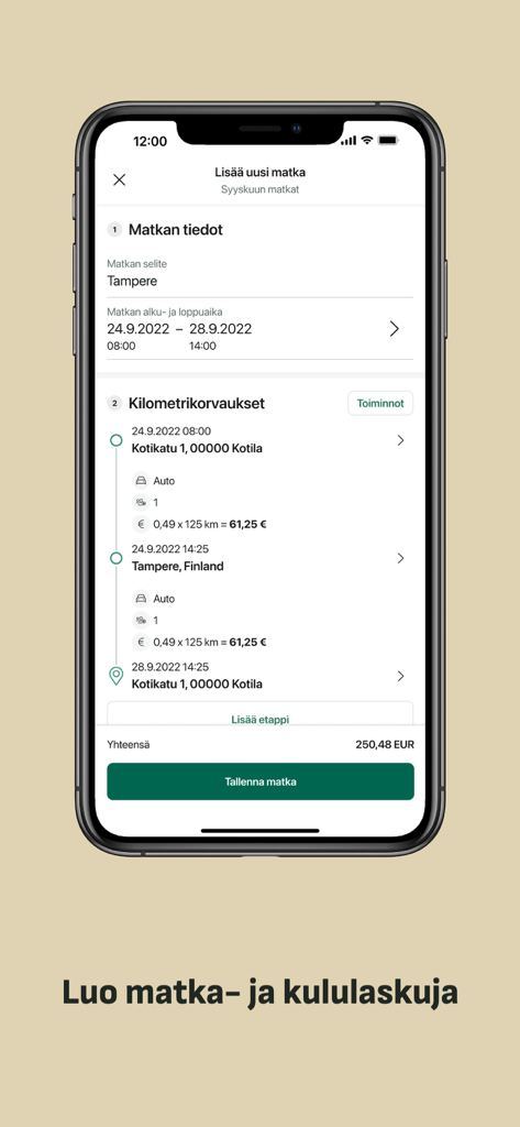 Fennoa mobile app interface for creating travel and mileage expense reports on an iPhone